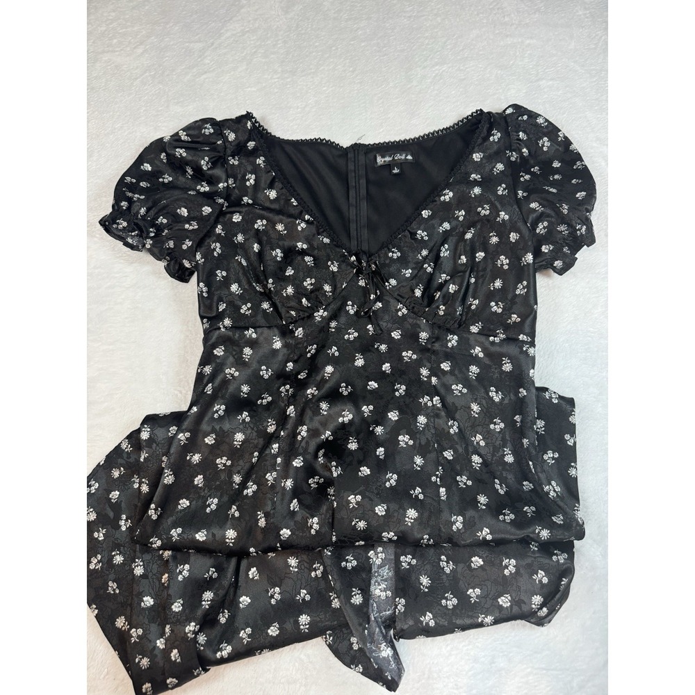 Women's Babydoll Silky Black Floral Dress Dark Coquette‎ Romantic Goth Whimsical
